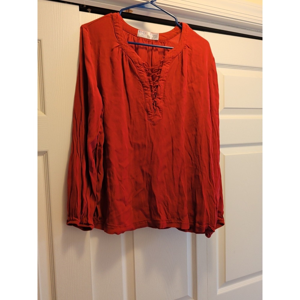 Time And Tru Women Large 12-14 Red Orange Rayon V-Neck Lace Up Long Sleeve Top